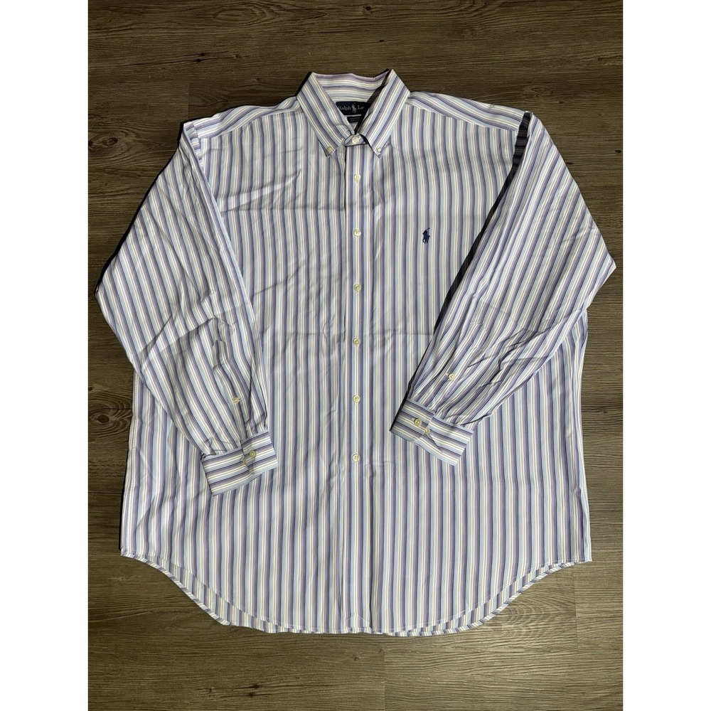 Ralph Lauren Yarmouth Mens 17 32/33 Purple Blue Stripe Button Down Shirt Cotton